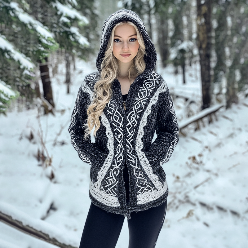Women's Vintage Celtic Knot Jacquard Cozy Knit Hooded Cardigan Women's Vintage Celtic Knot Jacquard Cozy Knit Hooded Cardigan