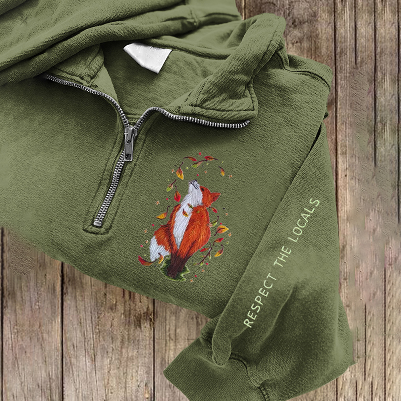 Respect The Locals Fox Embroidered Zip Up Sweatshirt Respect The Locals Fox Embroidered Zip Up Sweatshirt
