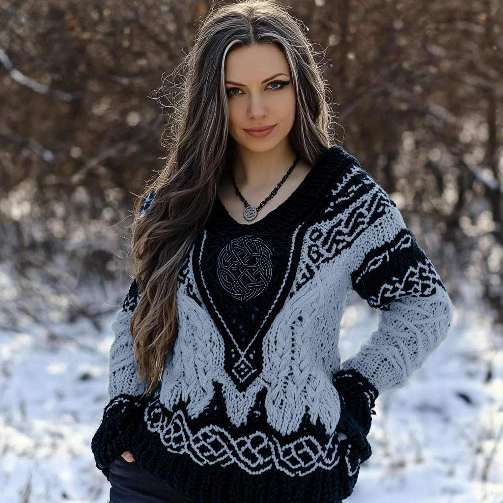 Women's Viking Rune Knit Jacquard V-neck Sweater