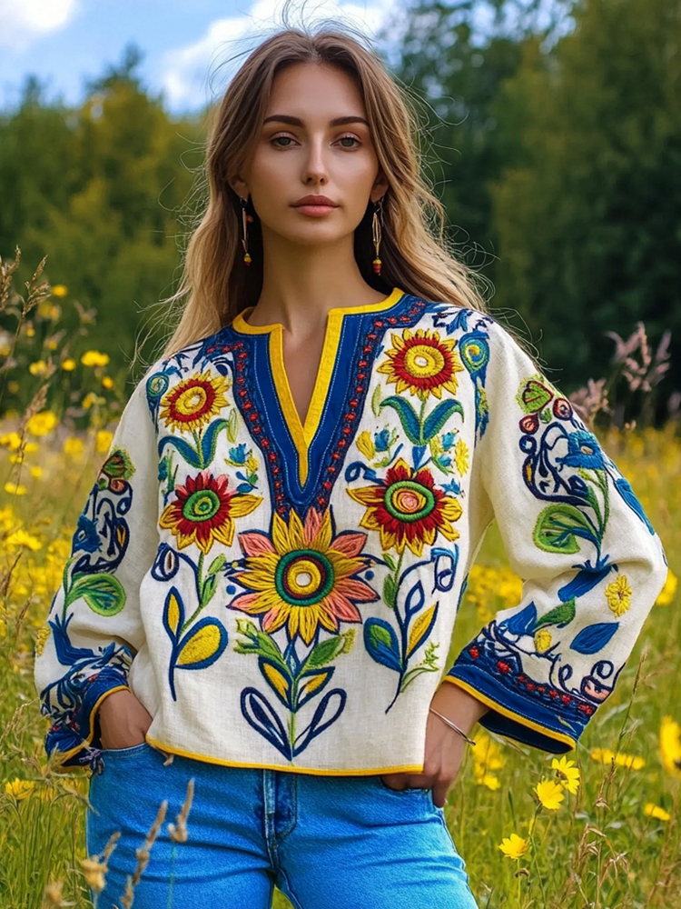 Ukrainian Folk Sunflower Floral Embroidery Art Linen Shirt