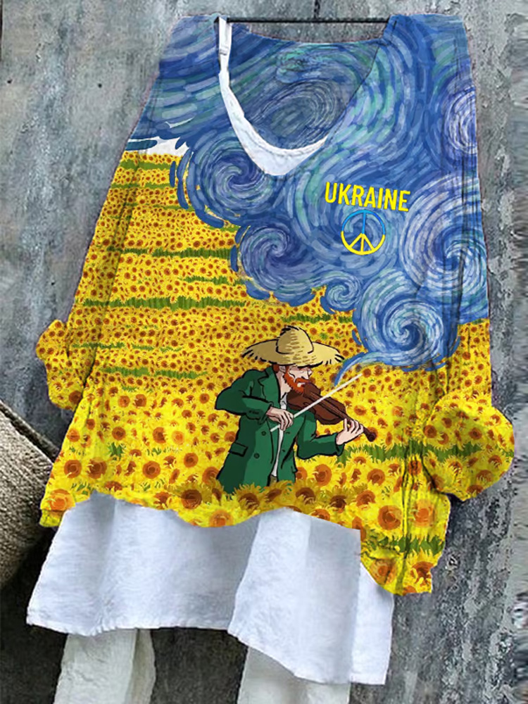 Women's Ukraine Oil Panting Print V-neck Top