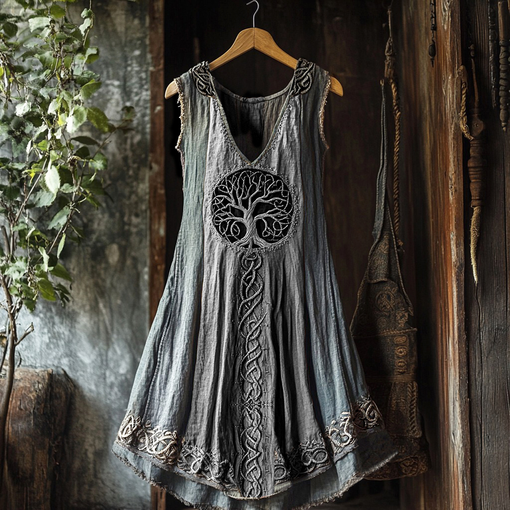 Tribal Viking Colorful Gradient Tree Of Life Lace Art Linen Tank Dress Tribal Viking Colorful Gradient Tree Of Life Lace Art Linen Tank Dress