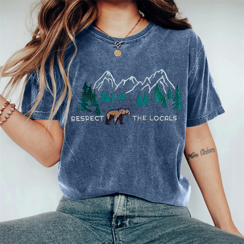 Respect The Locals Bear Landscape Embroidered Washed T Shirt Respect The Locals Bear Landscape Embroidered Washed T Shirt