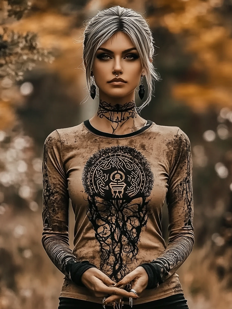 Vintage Viking Mystery Pattern Print Long Sleeve T-shirt