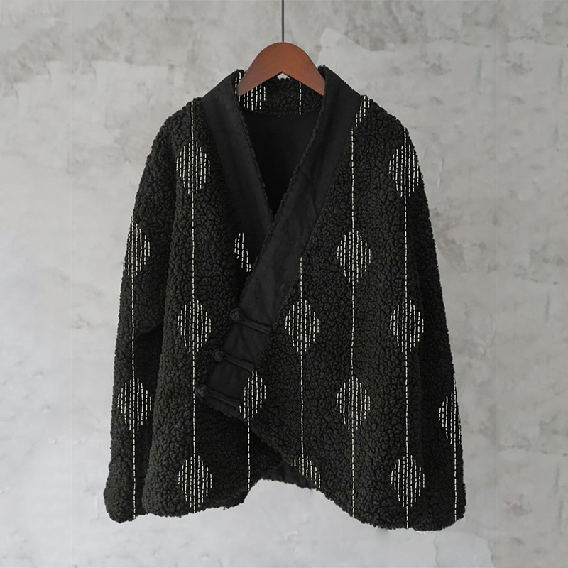 Japanese Embroidered Sashiko Art Cozy Fleece Kimono Cardigan Japanese Embroidered Sashiko Art Cozy Fleece Kimono Cardigan
