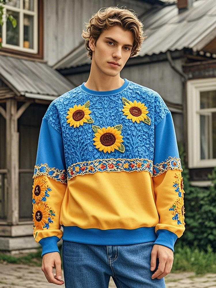 Men's Ukrainian Sunflower Embroidery Crew Neck Casual Sweatshirt
