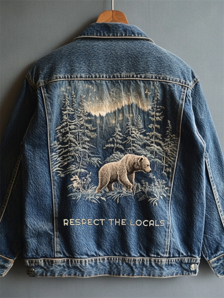 Respect The Locals Bear Landscape Embroidered Denim Jacket