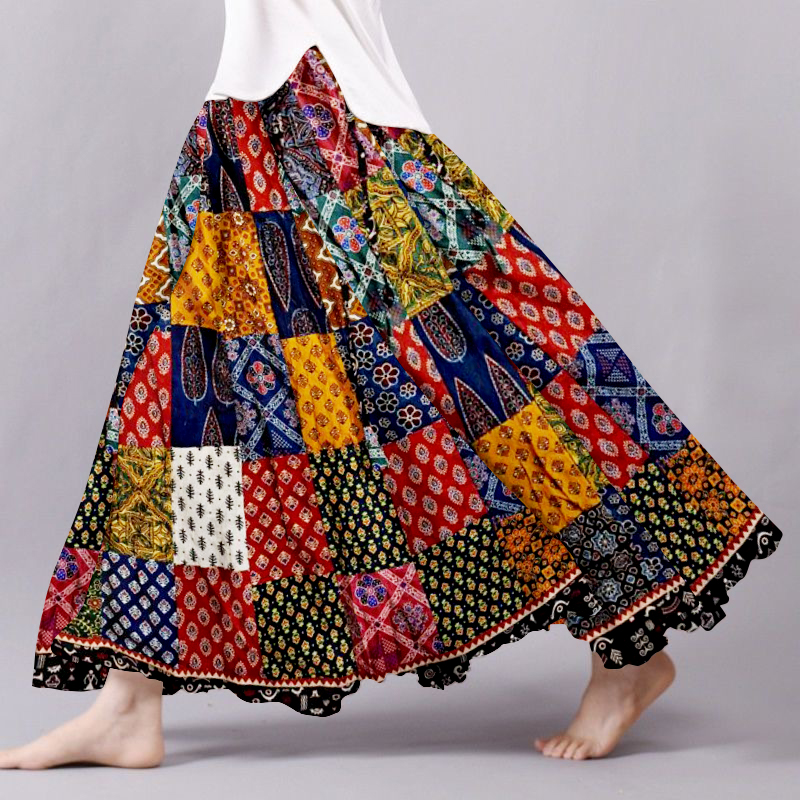 Boho Patchwork Flowy Linen Blend Wide Skirt