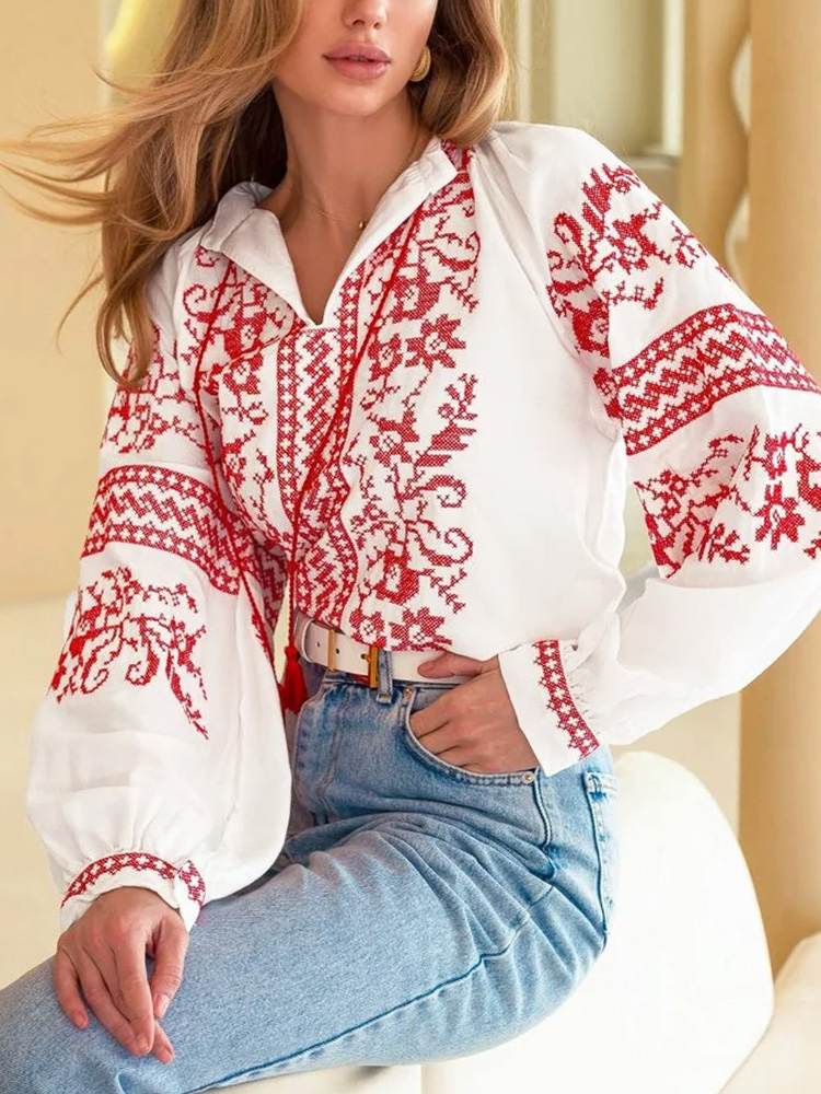Women's Casual Ukrainian Ethnic Embroidered Long Sleeve Shirt
