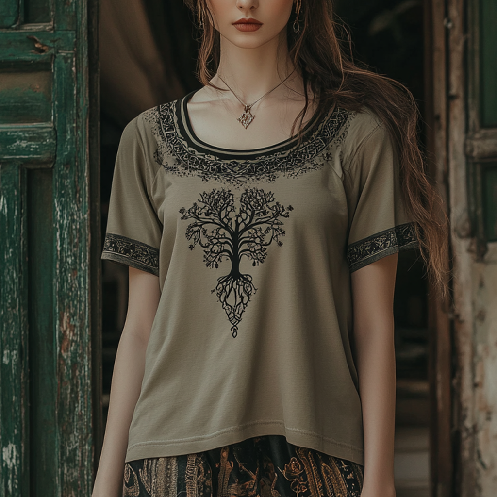 Vintage Tribal Tree Of Life Print Crew Neck T-shirt Vintage Tribal Tree Of Life Print Crew Neck T-shirt