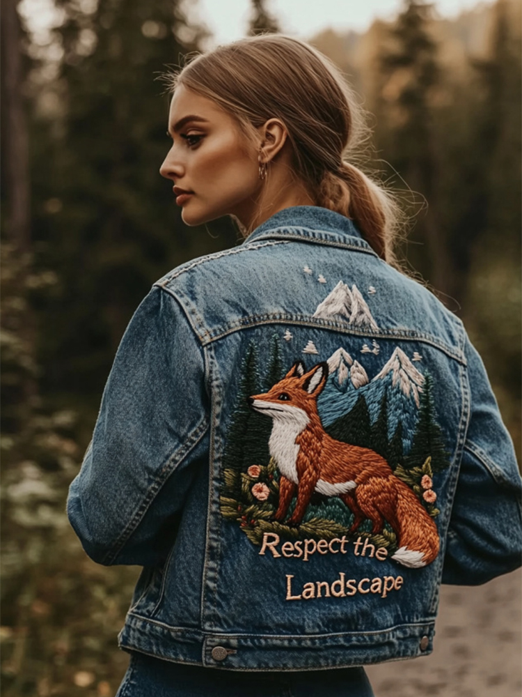 Vintage Landscape Fox And Floral Embroidered Denim Jacket