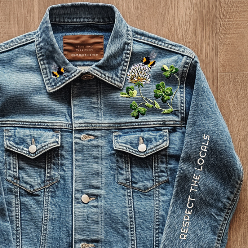 Respect The Locals Bees & Clovers Embroidered Denim Jacket Respect The Locals Bees & Clovers Embroidered Denim Jacket