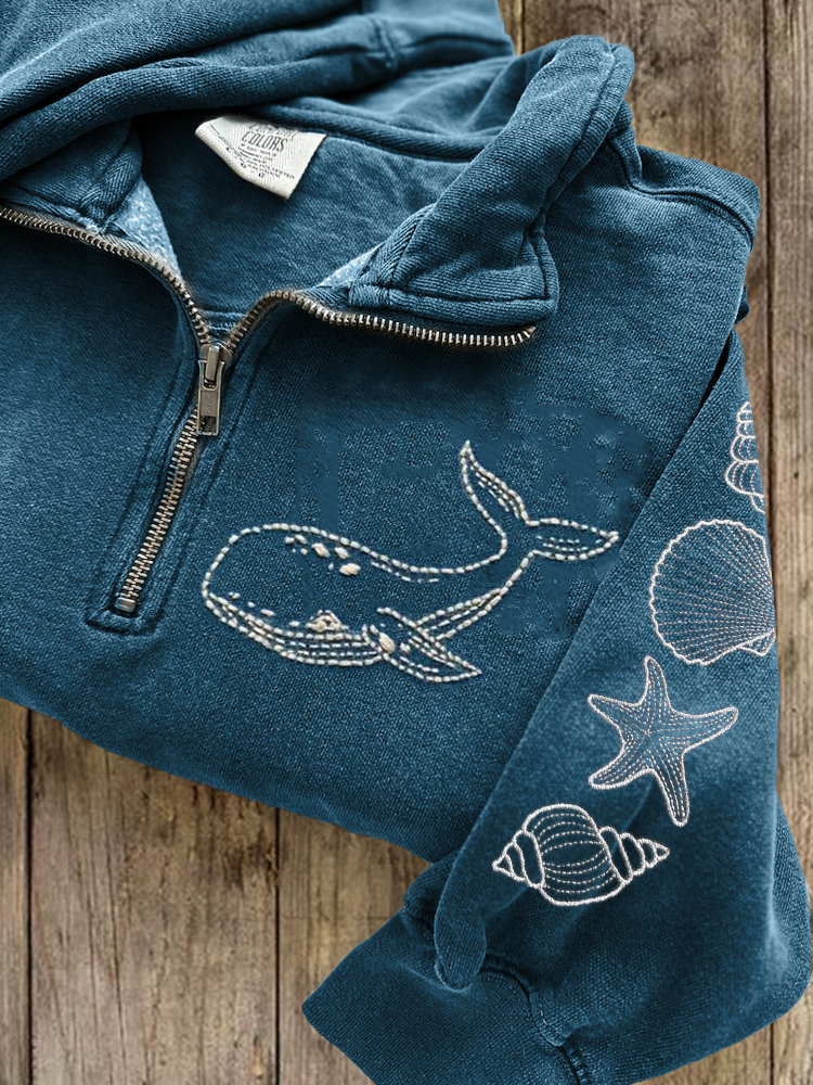 Whale & Sea Shells Embroidered Zip Up Sweatshirt