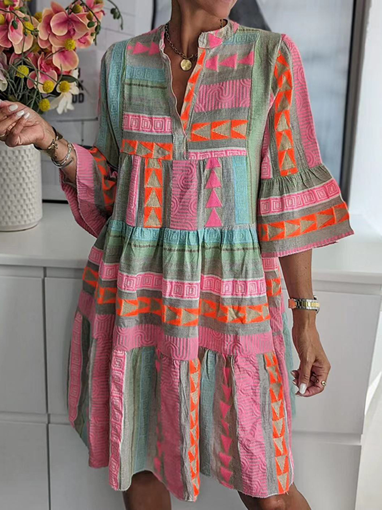 Vintage Geometric Color Block Bohemian Patchwork Sleeveless Colorful Standing Collar Dress