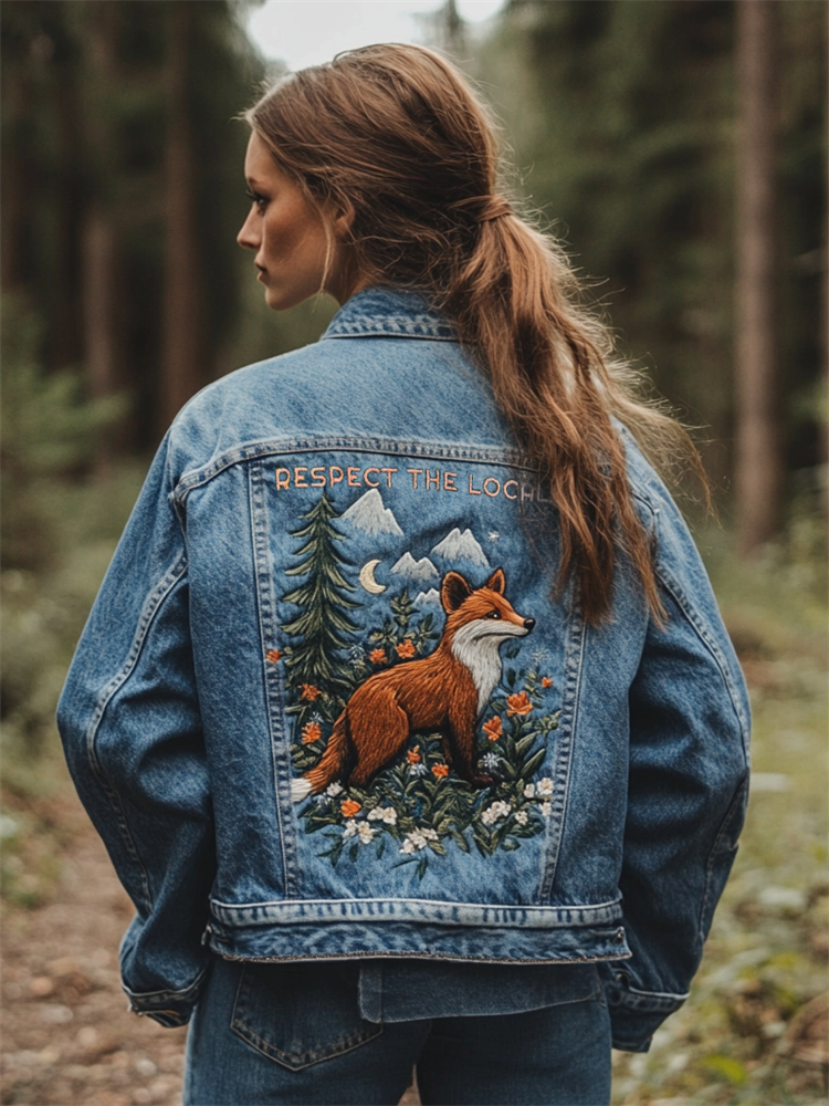 Respect The Locals Fox Landscape Embroidered Denim Jacket
