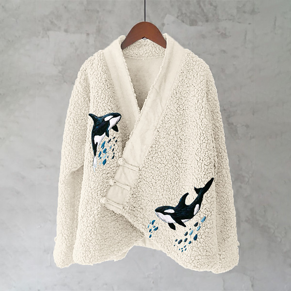 Ocean Whales Embroidery Art Fleece Kimono Cardigan Ocean Whales Embroidery Art Fleece Kimono Cardigan