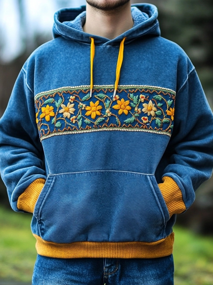 Men's Ukrainian Folk Flower Embroidered Washed Cozy Hoodie