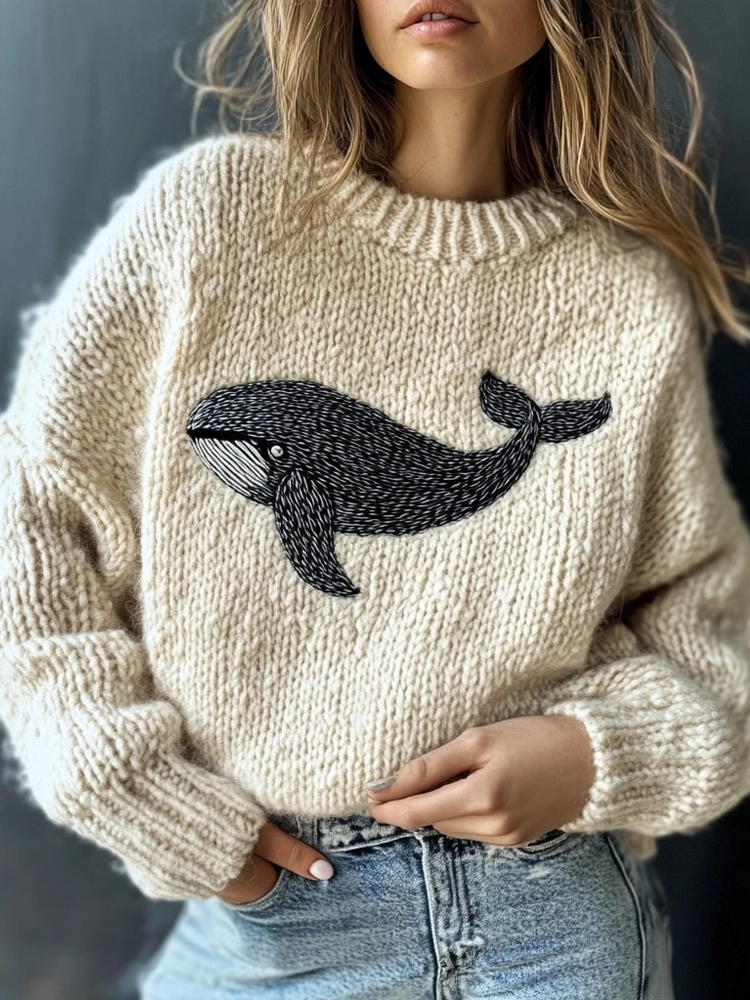 Cute Whale Embroidery Vintage Cozy Knit Sweater