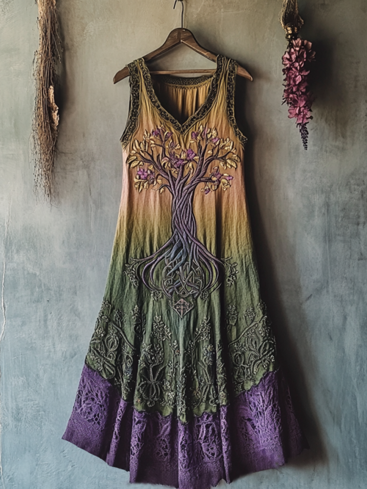 Vintage Viking Tribal Celtic Knot Life Of Tree Lace Patchwork Art Linen Tank Dress