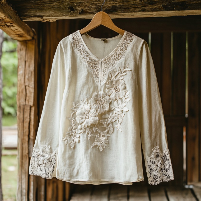 Women's Retro Floral Lace Embroidery Art V-neck Shirt Women's Retro Floral Lace Embroidery Art V-neck Shirt
