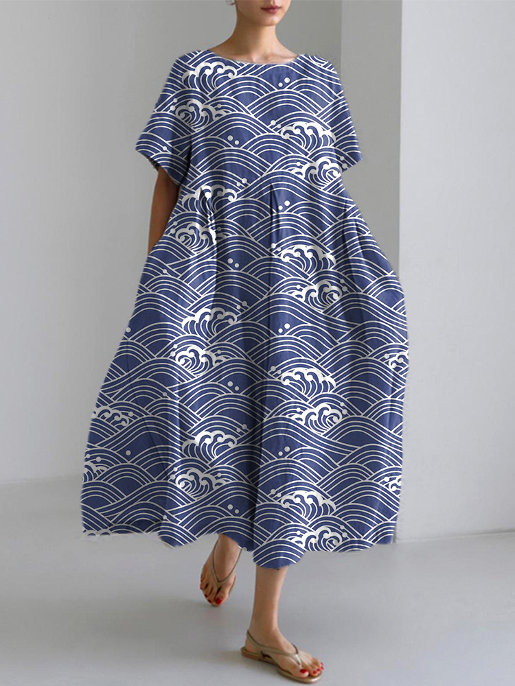 Japanese Art Waves Pattern Casual Cozy Linen Dress