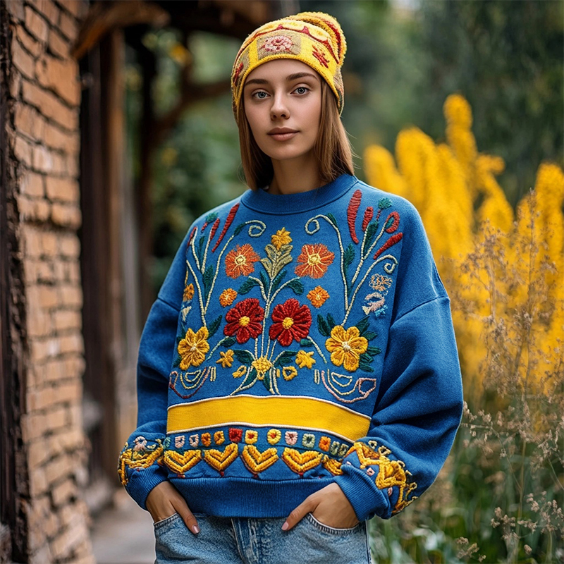 Ukrainian Folk Floral Embroidered Vintage Cozy Sweatshirt