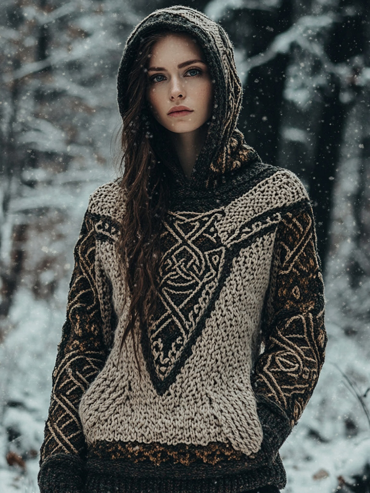 Women's Viking Totem Celtic Knot Vintage Pocket Hooded Sweater