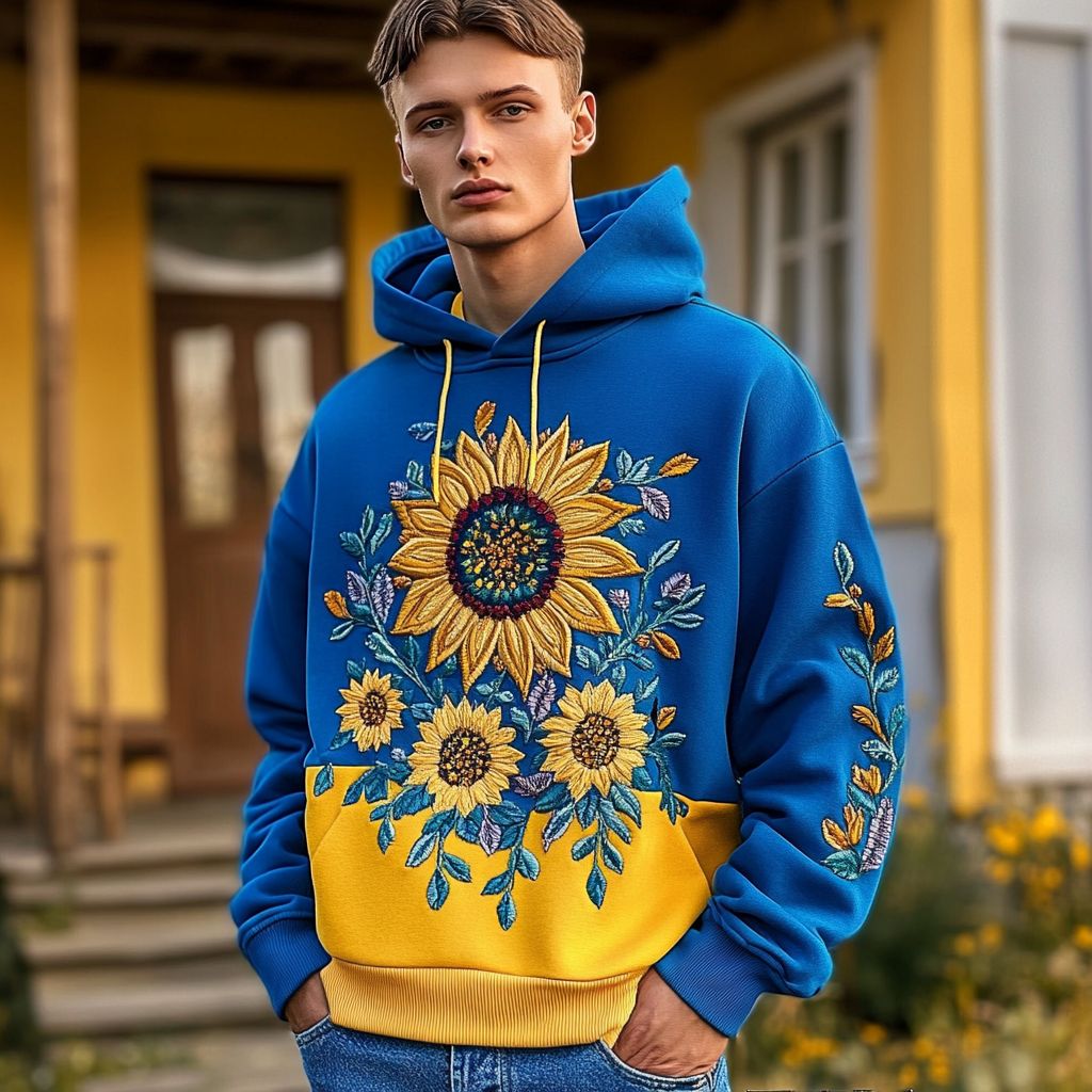 Men's Ukrainian Sunflower Embroidered Cozy Hoodie Men's Ukrainian Sunflower Embroidered Cozy Hoodie