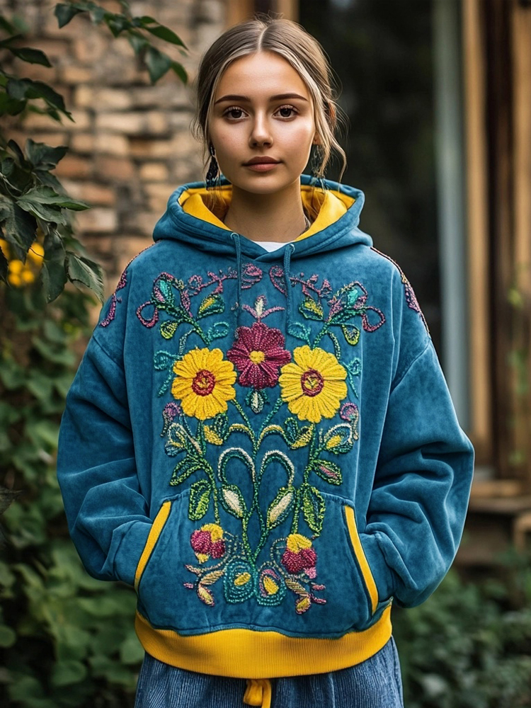 Vintage Ukrainian Floral Embroidered Washed Cozy Hoodie