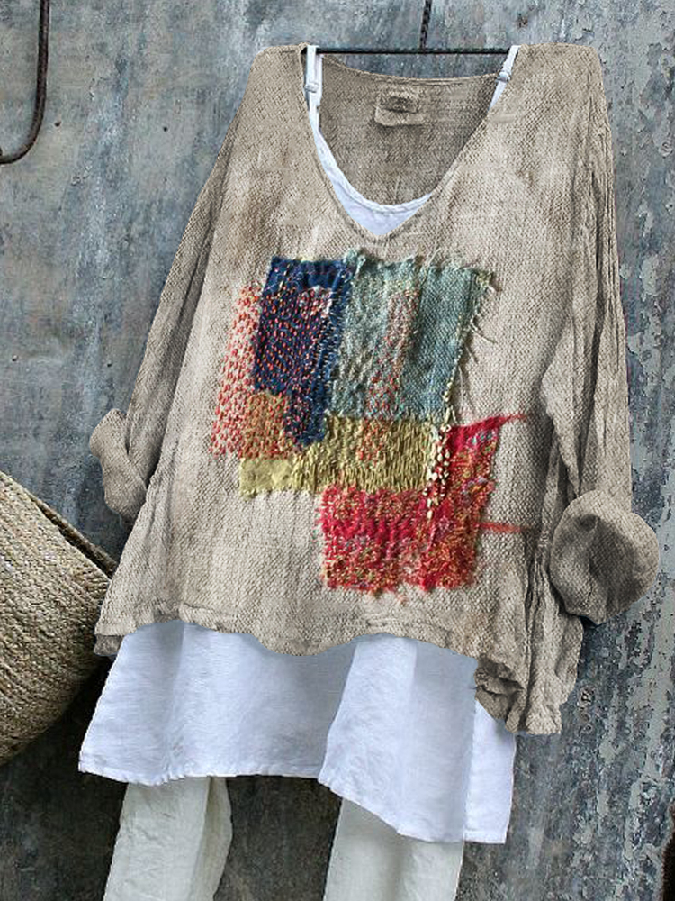 Colorful Patch Japanese Sashiko Art Linen Blend Tunic
