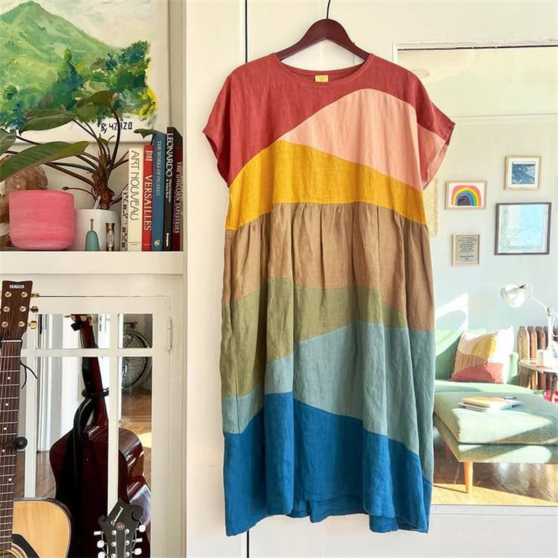 Colorful Earthy Landscape Patchwork Linen Dress Colorful Earthy Landscape Patchwork Linen Dress
