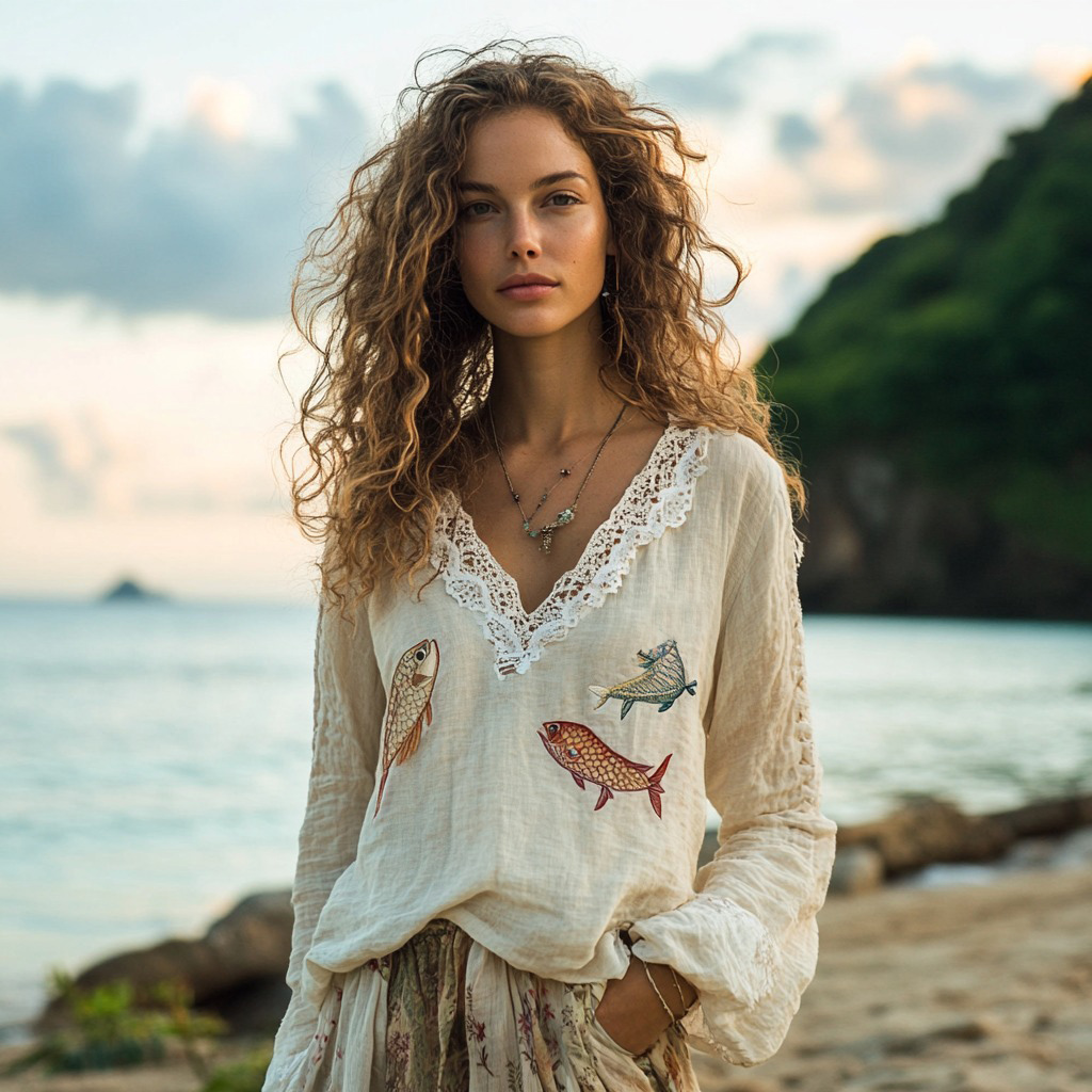 Retro Fish Embroidery Print Linen Blend Loose Blouse Retro Fish Embroidery Print Linen Blend Loose Blouse