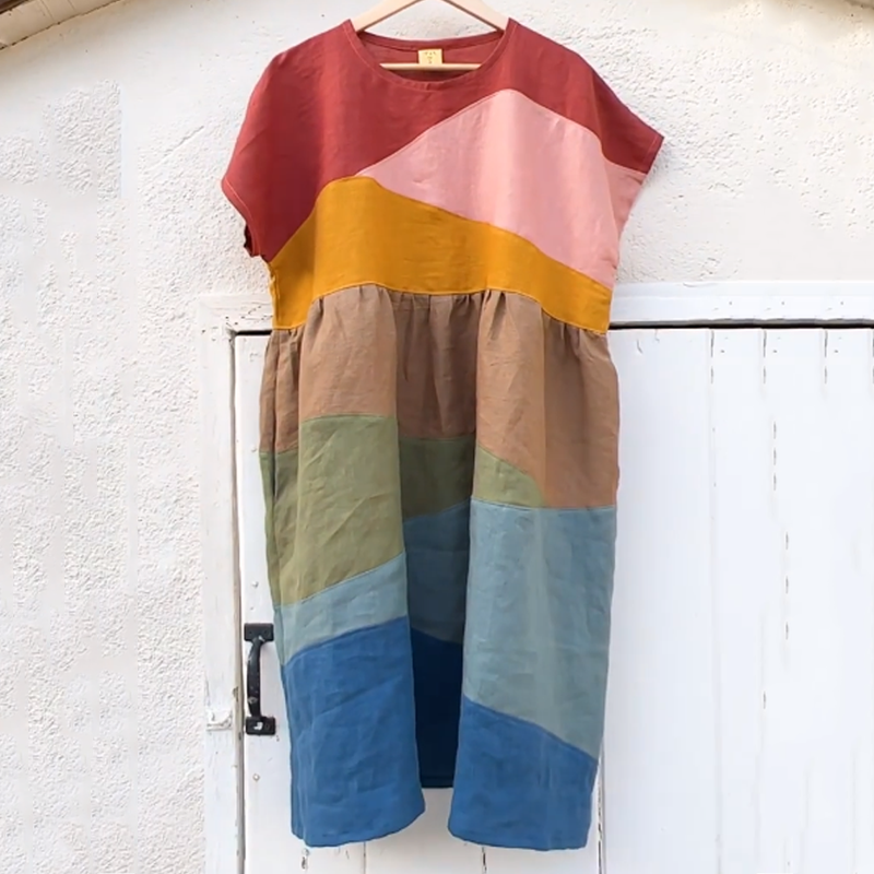 Colorful Earthy Landscape Patchwork Linen Dress Colorful Earthy Landscape Patchwork Linen Dress
