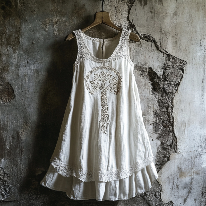 Boho Celtic Tree Of Life Lace Patchwork Layered Linen Dress Boho Celtic Tree Of Life Lace Patchwork Layered Linen Dress