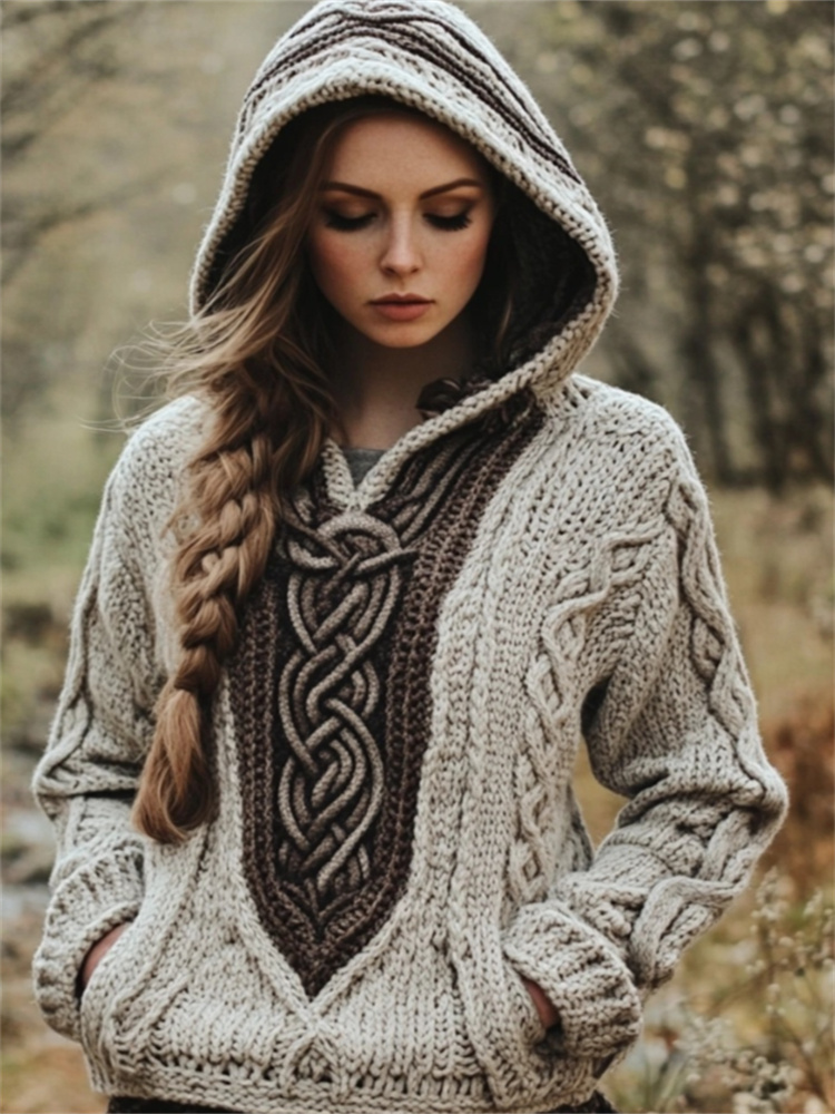 Vintage Celtic Contrast Color Chunky Cozy Hooded Sweater