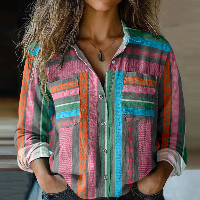 Bohemian Geometric Color Block Patchwork Colorful Linen Print  Long Sleeve Shirt