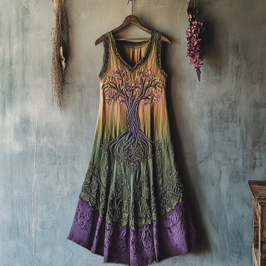 Vintage Viking Tribal Celtic Knot Life Of Tree Lace Patchwork Art Linen Tank Dress