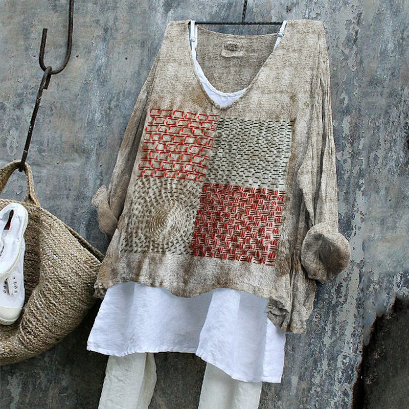 Geometric Japanese Sashiko Embroidered Art Linen Blend Tunic Geometric Japanese Sashiko Embroidered Art Linen Blend Tunic