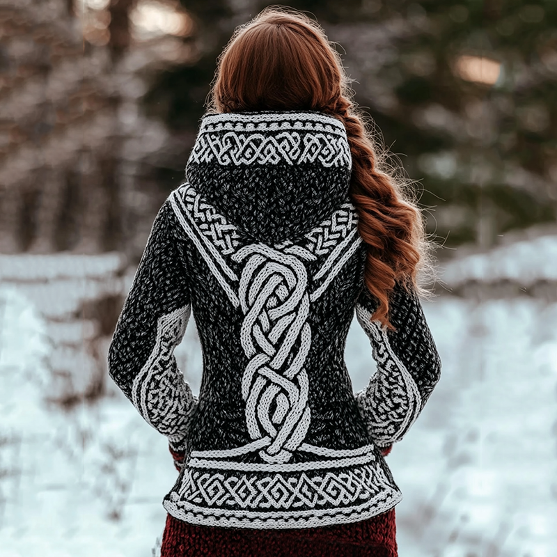 Women's Viking Style Color Block Knitted Jacquard Hooded Sweater Women's Viking Style Color Block Knitted Jacquard Hooded Sweater