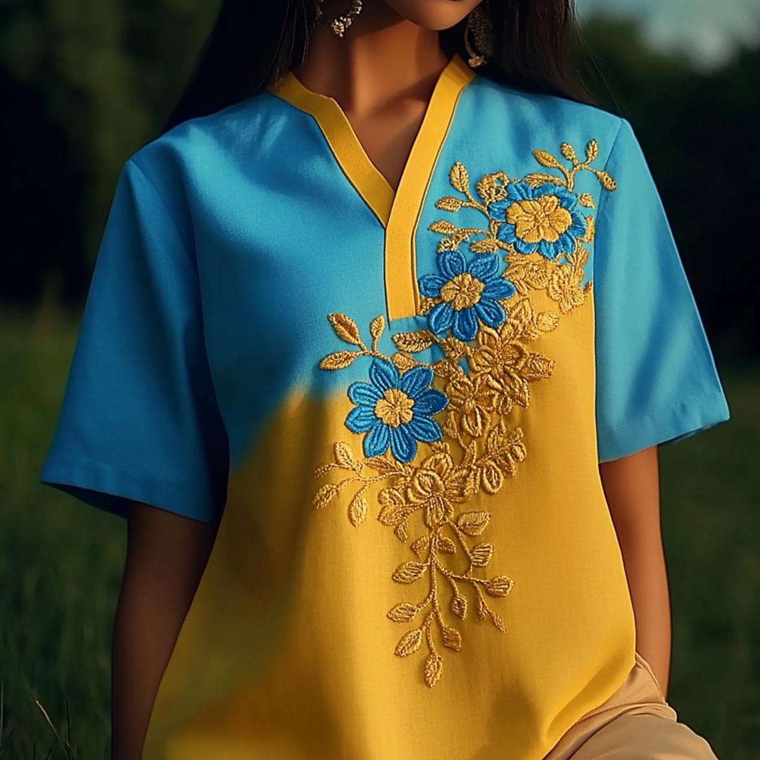 Ukrainian Ethnic Floral Embroidery Gradient Linen Women's Shirt