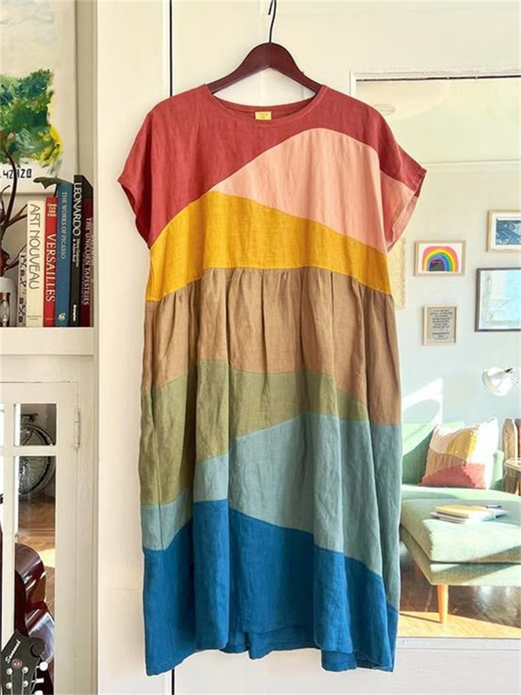 Colorful Earthy Landscape Patchwork Linen Dress Colorful Earthy Landscape Patchwork Linen Dress