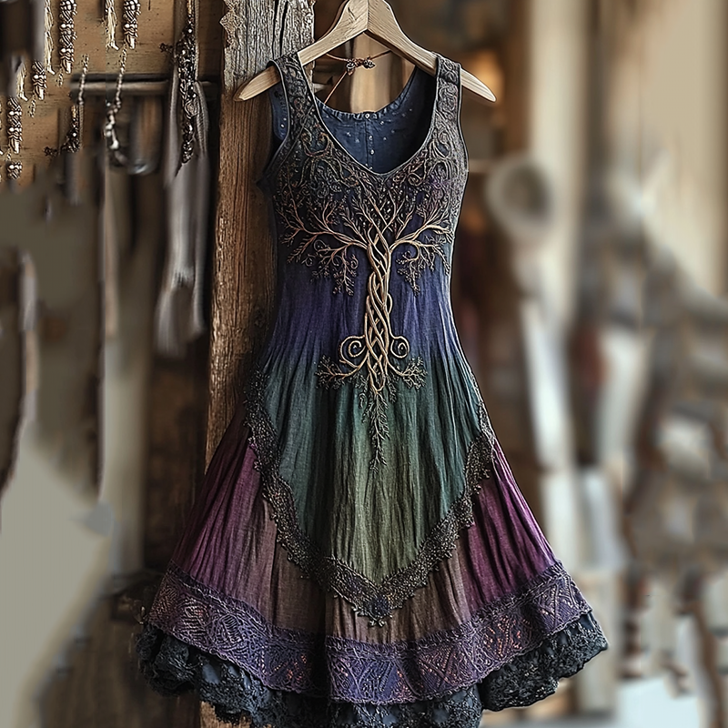 Women's Vintage Viking Tree Of Life Gradient Linen Dress Women's Vintage Viking Tree Of Life Gradient Linen Dress