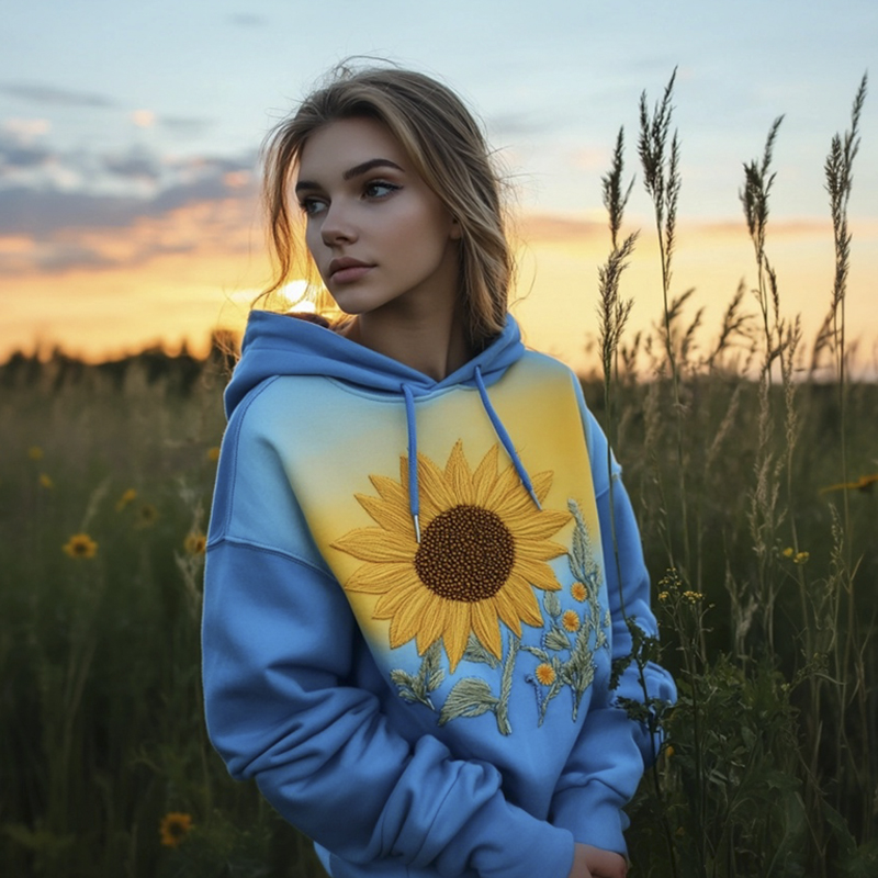 Sunflower Embroidery Yellow And Blue Gradient Women's Hoodie