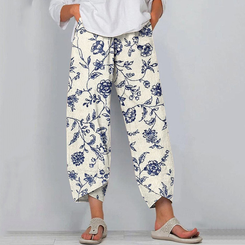 Women's Vintage Blue Floral Print Linen Blend Pants