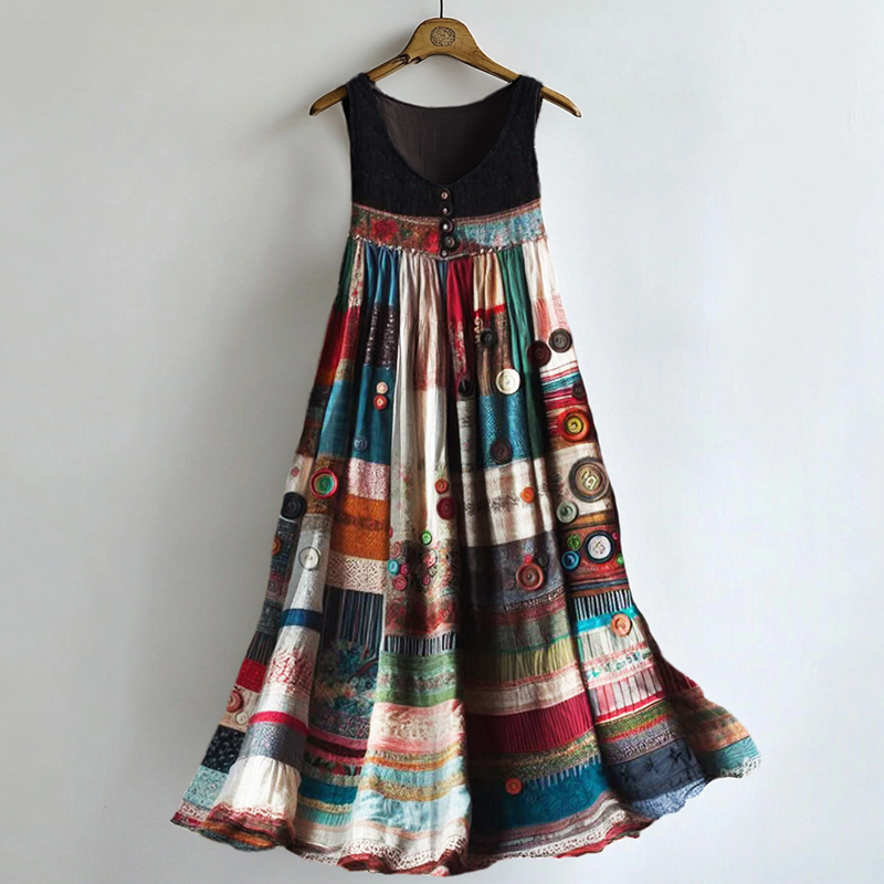 Boho Colorful Textile Flowy Linen Blend Tank Dress Boho Colorful Textile Flowy Linen Blend Tank Dress