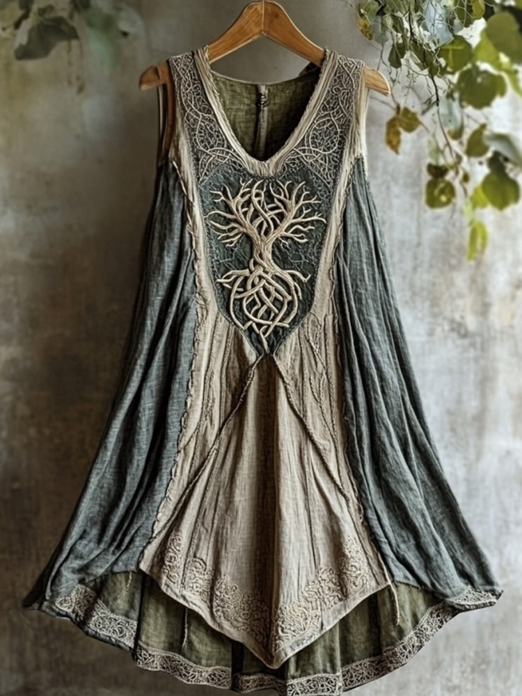 Tribal Life Of Tree Celtic Embroidery Patchwork Art Linen Tank Dress