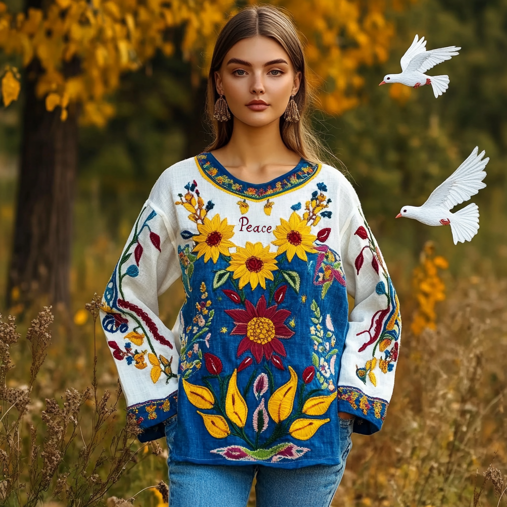Ukrainian Peace Floral Embroidery Crew Neck Linen Shirt