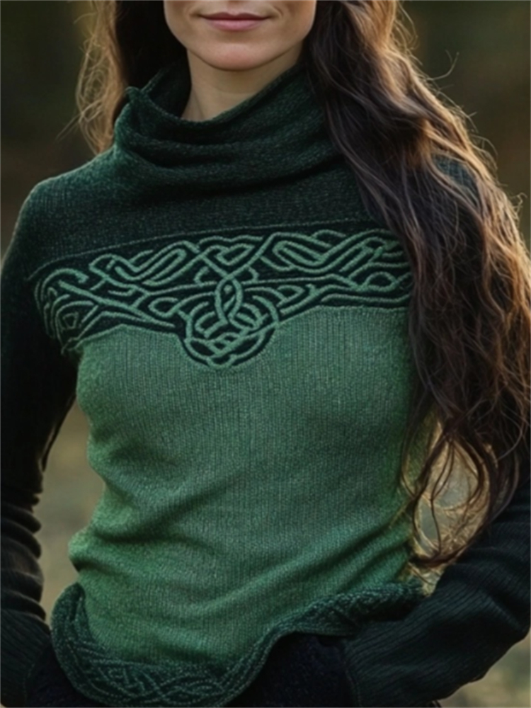 Classic Celtic Jacquard Contrast Color Turtleneck Sweater