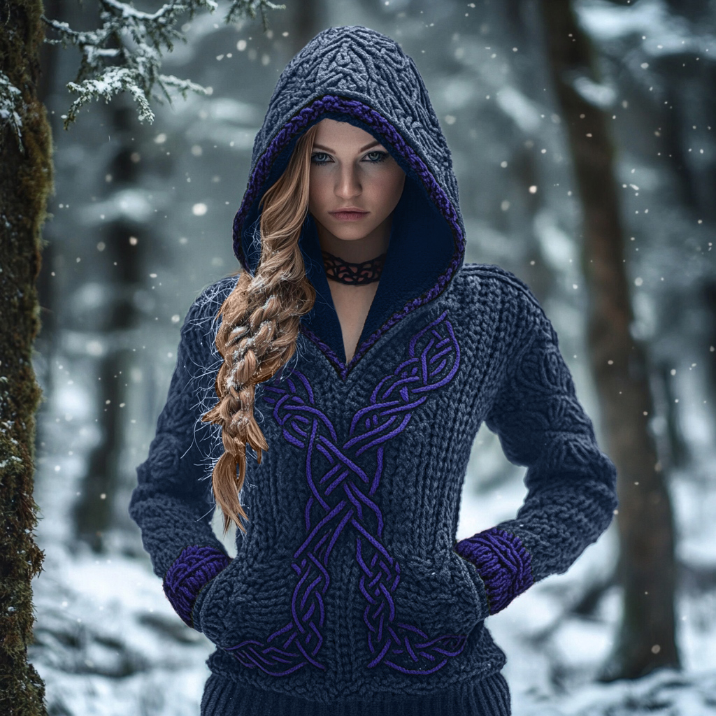 Women's Viking Celtic Knot Jacquard Knit Hooded Sweater