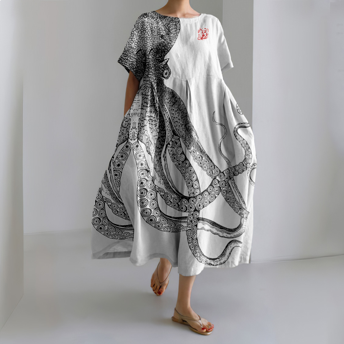 Japanese Art Octopus And Crab Print Casual Art Linen Blend Maxi Dress Japanese Art Octopus And Crab Print Casual Art Linen Blend Maxi Dress